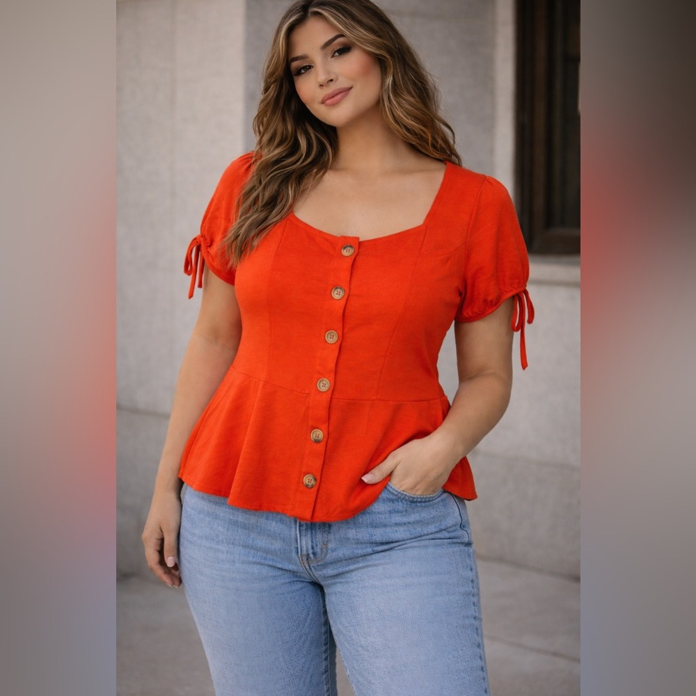 Emerette Orange Button Front Peplum Blouse Tie Sleeve Cottagecore Boho Size L